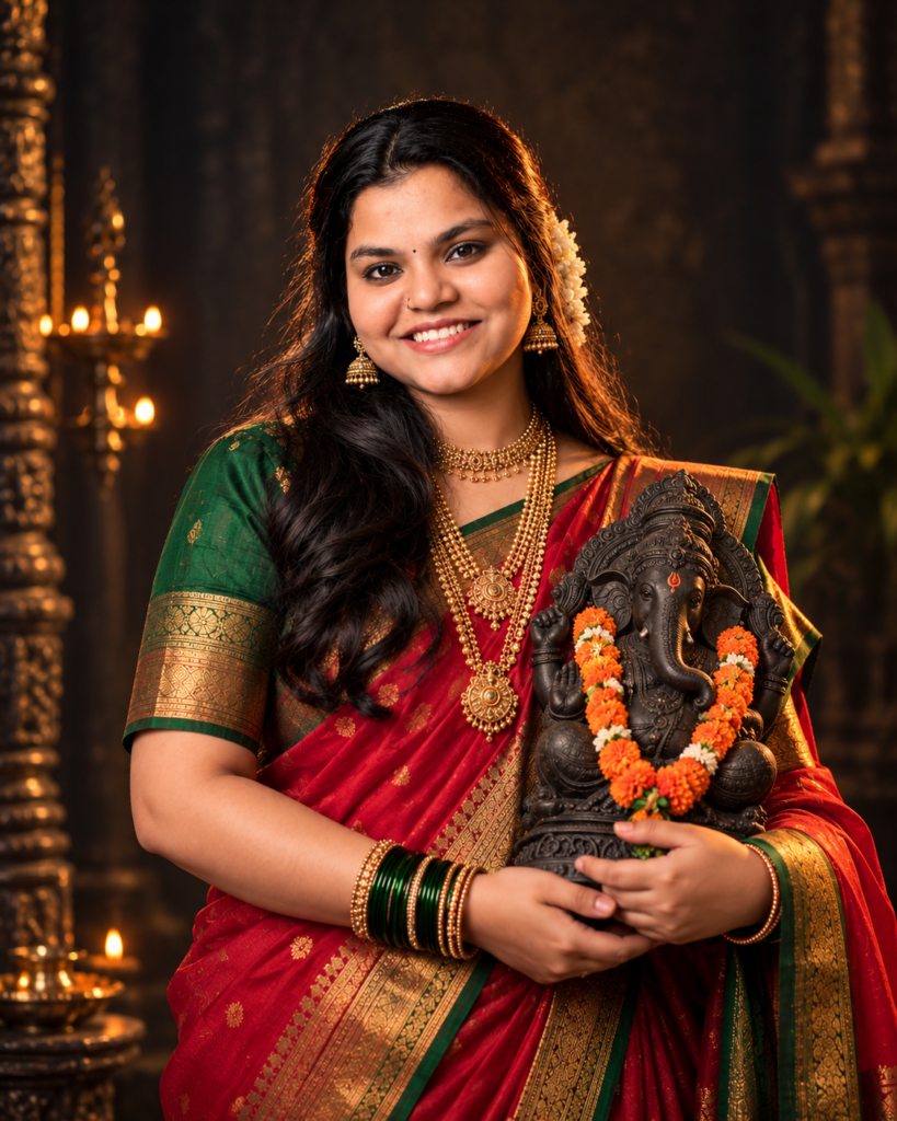 Viral Ganesh Chaturthi AI prompts for a cinematic Maharashtrian traditional portrait