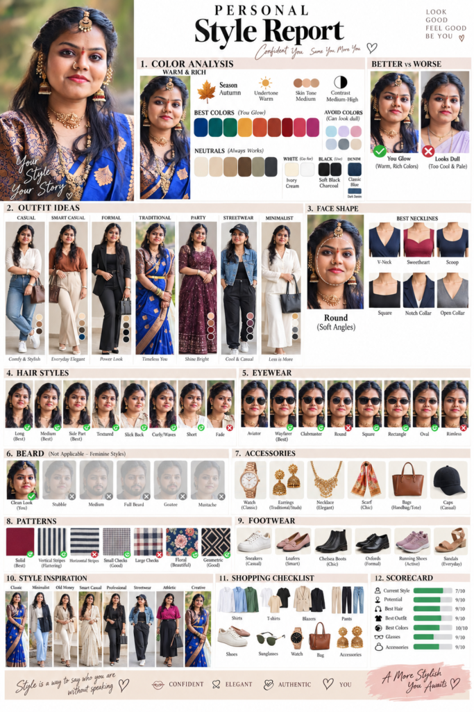 Personal Style Report AI Prompt for AI color, hairstyle, outfit and eyewear analysis